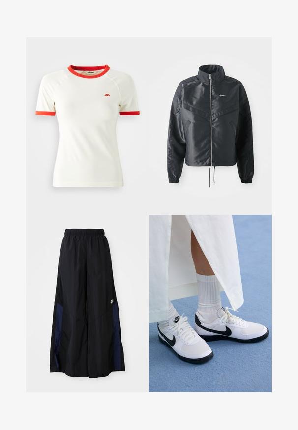 Black cropped jacket with high collar, zip closure, elastane cuffs, and a white Nike logo. Smooth, shiny fabric with a slightly textured surface.; Short-sleeve cream t-shirt with red ringer neckline and cuffs. Features a small logo on the chest. Smooth fabric, fitted design.; Black wide-leg pants made of lightweight fabric, featuring a navy blue side panel and an elastic waistband. Small white logo on bottom.; White Nike sneakers with black accents, featuring a smooth leather upper, white laces, and sturdy rubber outsoles, paired with white ribbed socks.