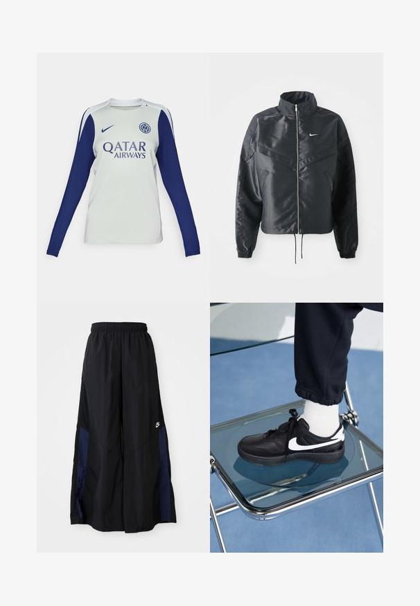 Jachetă croppată neagră cu guler înalt, închidere cu fermoar, manșete din elastan și un logo alb Nike. Material neted, lucios, cu o suprafață ușor texturată.; Tricou de fotbal cu mânecă lungă în gri deschis, cu mâneci bleumarin. Prezentă un decolteu rotund, logo-ul Nike și brandingul Qatar Airways pe față.; Pantaloni negri cu croi larg, confecționați dintr-un material ușor, având un panou lateral albastru marin și un brâu elastic. Logo mic alb în partea de jos.; Adidași negri Nike cu accente albe, cu o textură de piele netedă, design cu șireturi și vârf rotunjit, așezați pe un scaun din sticlă.