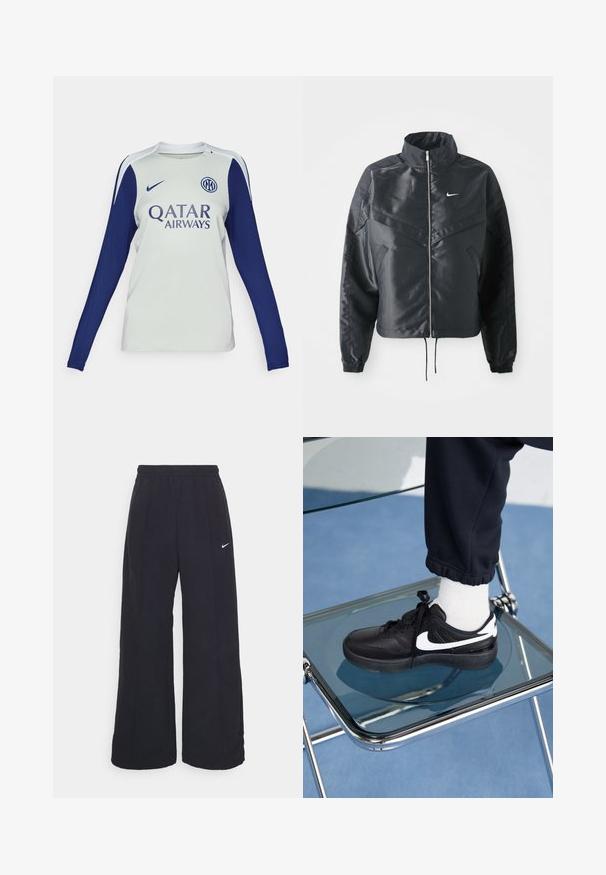Zwarte cropped jack met hoge kraag, ritsluiting, elastische manchetten en een wit Nike-logo. Glad, glanzend materiaal met een licht gestructureerd oppervlak.; Langsleeve voetbalshirt in lichtgrijs met marineblauwe mouwen. Heeft een ronde hals, Nike-logo en Qatar Airways branding aan de voorkant.; Zwarte wijde broek met een elastische tailleband en een klein wit Nike-logo. De stof heeft een soepele textuur, ontworpen voor comfort en casual gebruik.; Zwarte Nike sneakers met witte accenten, met een gladde leren textuur, vetersluiting en ronde neus, geplaatst op een glazen stoel.