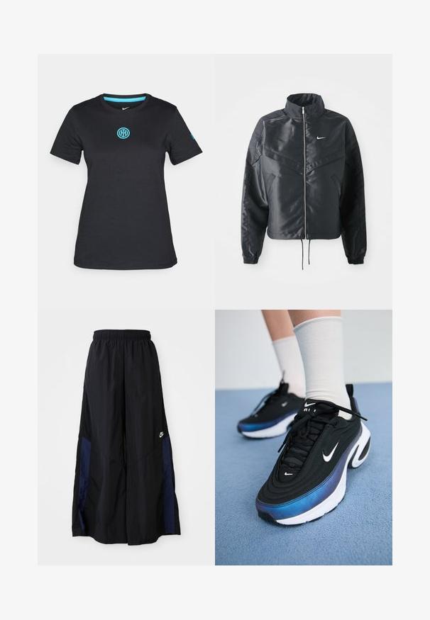 Černá zkrácená bunda s vysokým límcem, zipovým zapínáním, elastickými manžetami a bílým logem Nike. Hladká, lesklá látka s mírně strukturovaným povrchem.; Černé tričko s krátkým rukávem vyrobené z měkkého materiálu, které má kulatý výstřih a na prsou světle modré vyšívané logo.; Černé kalhoty širokého střihu vyrobené z lehkého materiálu, s námořnickou modrou bočním panelem a elastickým pasem. Malé bílé logo na spodní části.; Černé tenisky Nike s hladkým textilním svrškem, s přechodem barev od modré k černé, bílou podešví a výraznými akcenty loga.