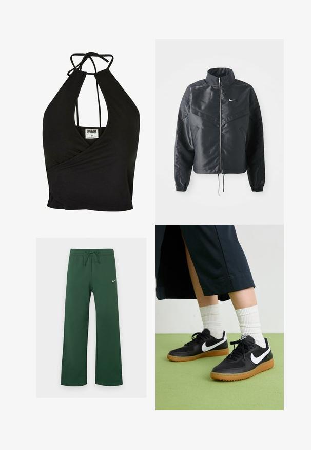 Melna apgriezta jaka ar augstu apkakli, rāvējslēdzēja aizdari, elastīna aprocēm un baltu Nike logo. Gluda, spīdīga auduma ar nedaudz teksturētu virsmu.; Melna haltera krūšturis ar īsiem svārkiem, kas izgatavots no mīksta auduma, ar dziļu V veida kakla izgriezumu un ietinu dizainu. Saitē aizmugurē, lai pielāgotu izmēru.; Tumši zaļi platā stila sporta bikses ar aukliņu jostā un mazu baltu Nike zīmolu logotipu kreisajā augšstilbā uz vienkārša fona.; Melna āda un sintētiska materiāla sporta apavi ar baltu Nike logo, gumijas zole, apaļa purngala forma un melni šņores. Redzamas ribotas baltas zeķes.