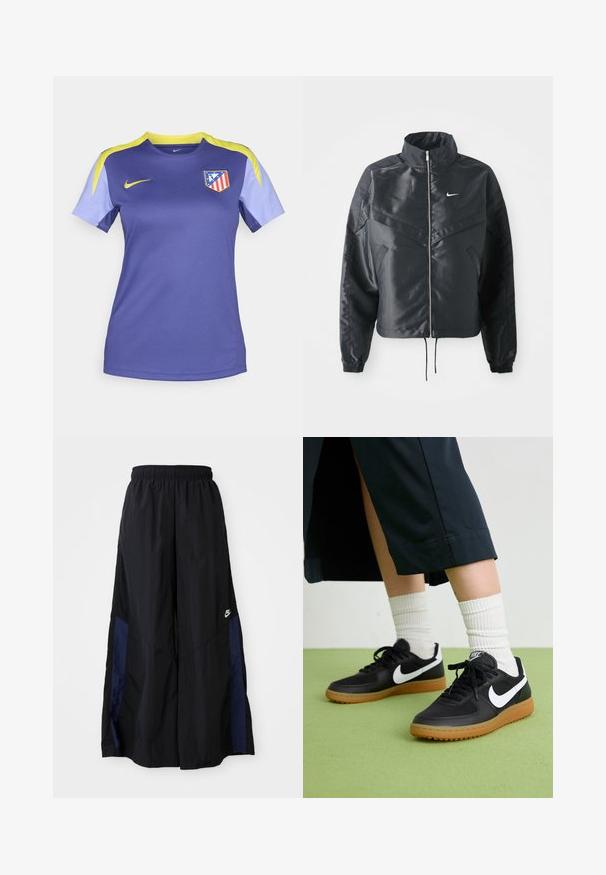 Chaqueta negra corta con cuello alto, cierre de cremallera, puños de elastano y un logo de Nike en blanco. Tejido suave y brillante con una superficie ligeramente texturizada.; Camiseta de fútbol Nike de color púrpura con acentos amarillos y mangas de un púrpura claro, que presenta el logo del Atlético de Madrid en el lado izquierdo del pecho.; Pantalones de pierna ancha negros, confeccionados en una tela ligera, con un panel lateral azul marino y una cinturilla elástica. Logotipo blanco pequeño en la parte inferior.; Zapatillas de cuero negro y sintético con el swoosh blanco de Nike, suela de goma, punta redonda y cordones negros. Calcetines blancos acanalados visibles.