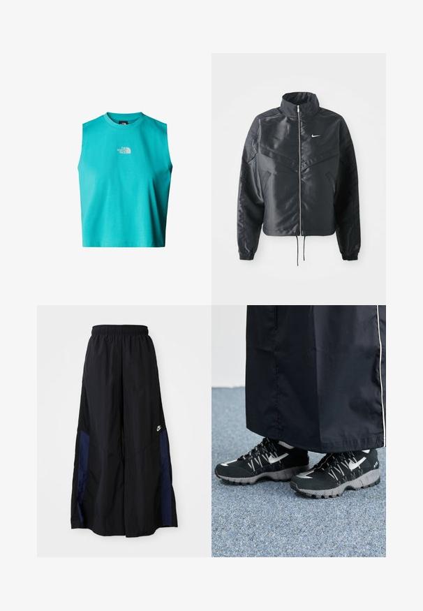 Černá zkrácená bunda s vysokým límcem, zipovým zapínáním, elastickými manžetami a bílým logem Nike. Hladká, lesklá látka s mírně strukturovaným povrchem.; Zkrácený bezrukávový tričko v jasně tyrkysové barvě, vyrobené z lehkého bavlněného materiálu, s malým bílým logem na oblasti hrudníku.; Černé kalhoty širokého střihu vyrobené z lehkého materiálu, s námořnickou modrou bočním panelem a elastickým pasem. Malé bílé logo na spodní části.; Černé sportovní boty s texturovaným svrškem, stříbrnými akcenty a vzorovanou podrážkou, ve spojení s černým dlouhým oděvem. Umístěno na modrém koberci.