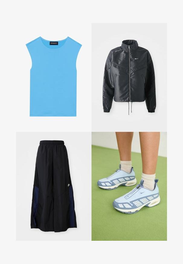 Must kolledžiga must lühike jope, millel on lukuga sulgus, elastne mansett ja valge Nike logo. Sile, läikiv kangas, millel on veidi tekstureeritud pind.; Sinine ilma varrukateta ülakiri, mis on valmistatud siledast kangast, ümmarguse kaelusega ja puhaste joontega, ilma täiendavate kaunistuste või mustriteta.; Mustad laiad mustad püksid kergest kangast, millel on tumesinine külgpaneel ja elastne vöökoht. Väike valge logo allservas.; Heledad sinised spordijalatsid valgete detailidega, tekstuuriga paneelid ja tõmblukk. Omab nähtavat õhuklotsiga tallat ja kummist välispinda.