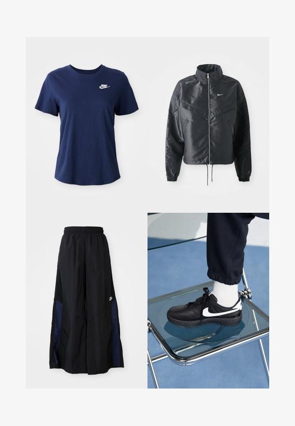 Černá zkrácená bunda s vysokým límcem, zipovým zapínáním, elastickými manžetami a bílým logem Nike. Hladká, lesklá látka s mírně strukturovaným povrchem.; Námořnické bavlněné tričko s krátkými rukávy a kulatým výstřihem. Na levé hrudi se nachází bílé logo Nike. Měkká textura a volný střih.; Černé kalhoty širokého střihu vyrobené z lehkého materiálu, s námořnickou modrou bočním panelem a elastickým pasem. Malé bílé logo na spodní části.; Černé tenisky Nike s bílými akcenty, s hladkou koženou texturou, šněrovacím designem a zaoblenou špičkou, umístěné na skleněné židli.