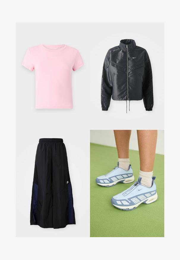 Svart cropped jakke med høy krage, glidelåsåpning, elastiske mansjetter og en hvit Nike-logo. Glatt, shiny stoff med en lett teksturert overflate.; Rosa bomull T-skjorte med korte ermer, rund halsutringning og en liten hvit logo på brystet. Glatt tekstur, standard passform, minimalistisk design.; Svarte vide bukser laget av lett stoff, med et marineblått sidestykke og elastisk midjebånd. Liten hvit logo nederst.; Lyseblå treningssko med hvite detaljer, strukturerte paneler og glidelås. Har en synlig luftputesåle og gummisåle.