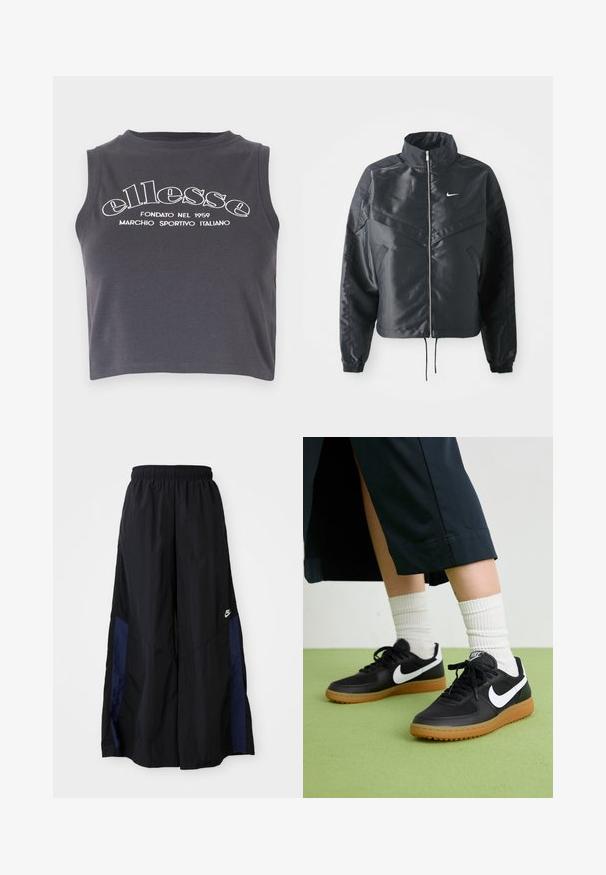 Casaco preto curto com colarinho alto, fecho de zip, punhos em elastano e um logótipo Nike branco. Tecido suave e brilhante com uma superfície ligeiramente texturizada.; Top cropped em cinza escuro feito de algodão macio, apresentando texto de marca impresso em branco e um decote arredondado sem mangas.; Calças largas pretas feitas de tecido leve, com um painel lateral azul-marinho e cintura elástica. Pequeno logótipo branco na parte inferior.; Sapatilhas pretas em couro e sintético com o logo da Nike em branco, sola de borracha tipo goma, bico redondo e atacadores pretos. Meias brancas com frunces visíveis.