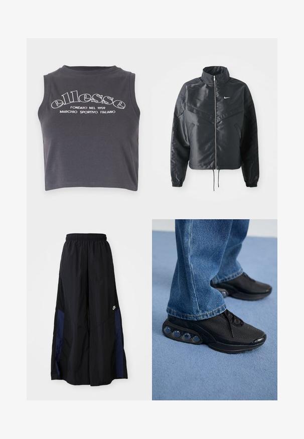 Giacca nera cropped con colletto alto, chiusura a zip, polsini in elastan e logo Nike bianco. Tessuto liscio e lucido con una superficie leggermente texturizzata.; Top corto grigio scuro realizzato in morbido cotone, con la stampa bianca del marchio e con collo tondo e senza maniche.; Pantaloni neri a gamba larga realizzati in tessuto leggero, con un pannello laterale blu navy e una cintura elastica. Piccolo logo bianco sul fondo.; Scarpe da ginnastica nere con tomaia in rete, dettagli testurizzati e pod di ammortizzazione visibili nella suola. Indossate con jeans in denim blu.