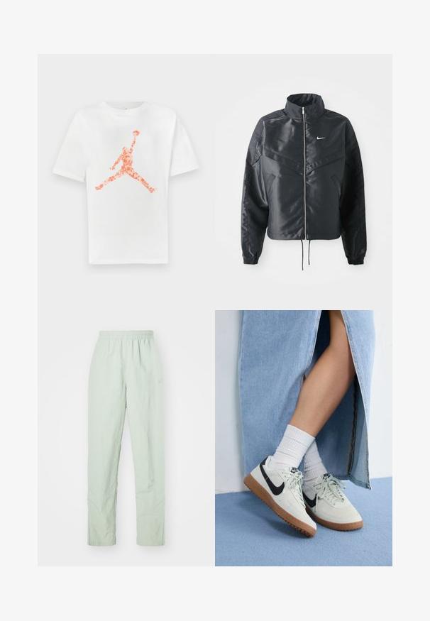 Črna skrajšana jakna z visokim ovratnikom, zadrgo, elastan rokavi in belim logotipom Nike. Gladek, sijoč material z rahlo teksturirano površino.; Bela bombažna majica s kratkimi rokavi, z oranžno cvetlično Jumpman logotipom natisnjenim na sredini. Oblika s krožnim izrezom.; Svetlo zelene, lahke hlače z elastičnim pasom. Ravne noge, z minimalno teksturo in subtilno logotipno podrobnostjo.; Nike superge z svetlo sivo usnje, črnim logotipom Swoosh in gumijastim podplatom. Nosi se z belimi rebrastimi nogavicami in modrim denim krilom.
