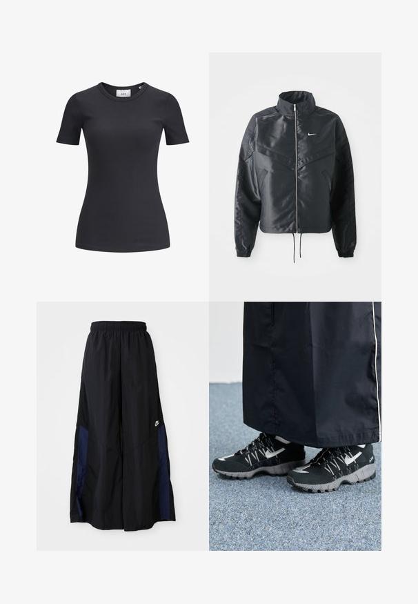 Svart kort jacka med hög krage, dragkedja, ärmslut i elastan och en vit Nike-logotyp. Slät, glänsande tyg med en något strukturerad yta.; Svart ribbad kortärmad t-shirt med rund halsringning. Tillverkad av ett mjukt, elastiskt tyg som har en subtil textur och en figurnära silhuett.; Svarta vida byxor gjorda av lättviktig tyg, med en marinblå sid panel och ett elastiskt midjeband. Litet vitt logotyp nertill.; Svarta träningsskor med en texturerad överdel, silverdetaljer och ett mönstrat yttersula, tillsammans med en svart lång klädnad. Mot en blå matta.