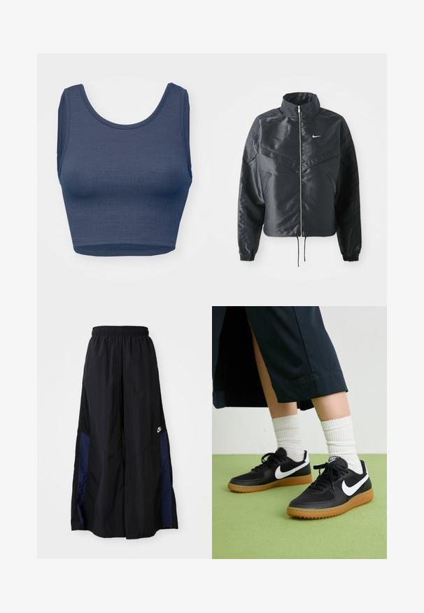 Chaqueta negra corta con cuello alto, cierre de cremallera, puños de elastano y un logo de Nike en blanco. Tejido suave y brillante con una superficie ligeramente texturizada.; Top corto azul marino con escote redondeado, diseño sin mangas, tela texturizada y detalle de costura mínima a lo largo de los bordes.; Pantalones de pierna ancha negros, confeccionados en una tela ligera, con un panel lateral azul marino y una cinturilla elástica. Logotipo blanco pequeño en la parte inferior.; Zapatillas de cuero negro y sintético con el swoosh blanco de Nike, suela de goma, punta redonda y cordones negros. Calcetines blancos acanalados visibles.