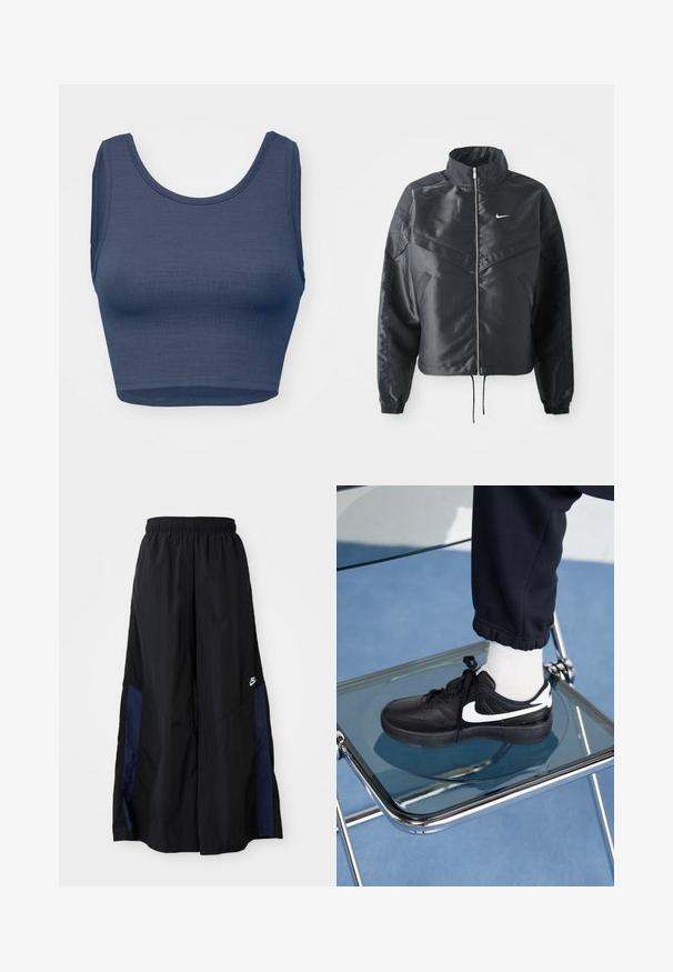 Black cropped jacket with high collar, zip closure, elastane cuffs, and a white Nike logo. Smooth, shiny fabric with a slightly textured surface.; Navy blue crop top with a scoop neckline, sleeveless design, textured fabric, and minimal stitching detail along the edges.; Black wide-leg pants made of lightweight fabric, featuring a navy blue side panel and an elastic waistband. Small white logo on bottom.; Black Nike sneakers with white accents, featuring a smooth leather texture, lace-up design, and rounded toe, positioned on a glass chair.