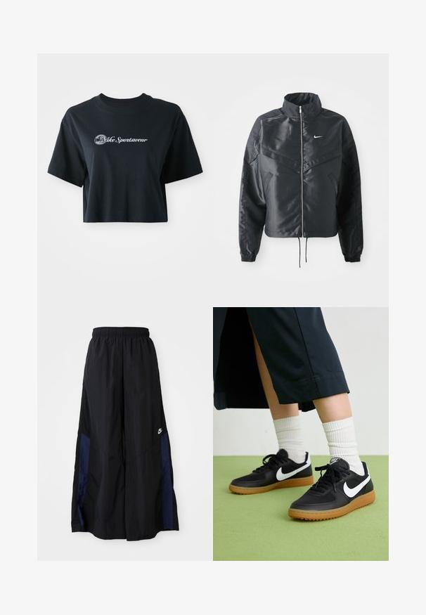 Černá zkrácená bunda s vysokým límcem, zipovým zapínáním, elastickými manžetami a bílým logem Nike. Hladká, lesklá látka s mírně strukturovaným povrchem.; Zkrácené černé bavlněné tričko s krátkými rukávy, na přední straně s bílým nápisem "Vice Sportswear" a kulatou grafikou.; Černé kalhoty širokého střihu vyrobené z lehkého materiálu, s námořnickou modrou bočním panelem a elastickým pasem. Malé bílé logo na spodní části.; Černé kožené a syntetické tenisky s bílým logem Nike, gumovou podrážkou, kulatou špičkou a černými tkaničkami. Viditelné žebrované bílé ponožky.