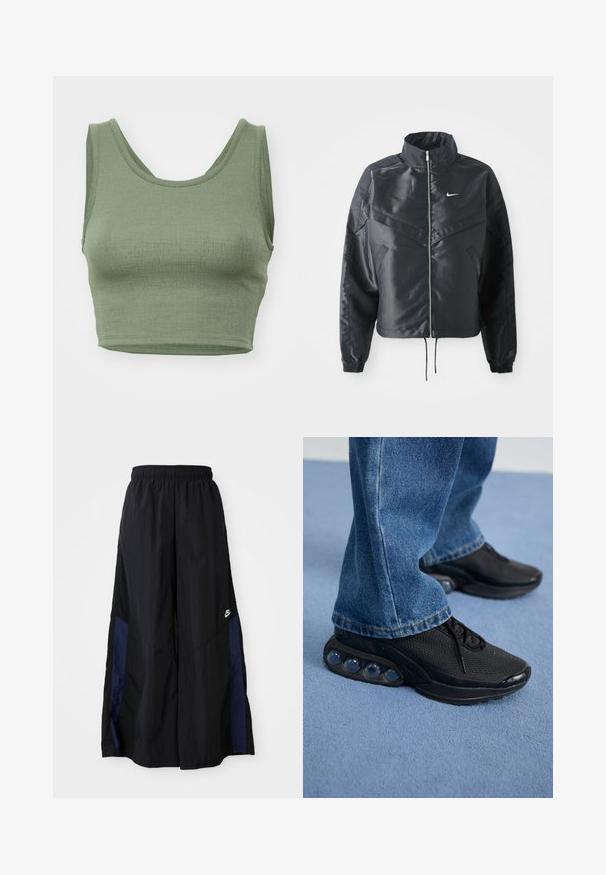 Fekete, rövidített dzseki magas gallérral, cipzáras záródással, elasztikus mandzsettákkal, és fehér Nike logóval. Simább, fényes anyag, enyhén textúrázott felülettel.; Olajzöld, rövidített tank top bordázott anyagból, kerek nyakkivágással és széles pántokkal.; Fekete, bő szárú nadrág könnyű anyagból, tengerészkék oldalsó panellel és elasztikus derékkal. Kicsi fehér logó az alján.; Fekete sportcipők hálós felsőrésszel, textúrázott részletekkel és a talpban látható lég párnázó zsebekkel. Kék farmernadrággal viselve.