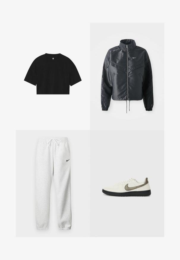 Svart cropped jakke med høy krage, glidelåsåpning, elastiske mansjetter og en hvit Nike-logo. Glatt, shiny stoff med en lett teksturert overflate.; Svart cropped t-skjorte laget av mykt stoff, med korte ermer, rund hals og en enkel logo trykt nær kragen.; Grå joggebukser laget av et mykt stoff, med elastisk midje og snor, samt en liten svart Nike-logo på venstre lår.; Nike Sportswear FIELD GENERAL - Joggesko - off-white/black