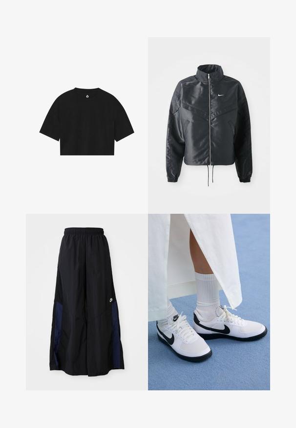 Black cropped jacket with high collar, zip closure, elastane cuffs, and a white Nike logo. Smooth, shiny fabric with a slightly textured surface.; Black cropped t-shirt made of soft fabric, featuring short sleeves, a round neck, and a simple logo printed near the collar.; Black wide-leg pants made of lightweight fabric, featuring a navy blue side panel and an elastic waistband. Small white logo on bottom.; White Nike sneakers with black accents, featuring a smooth leather upper, white laces, and sturdy rubber outsoles, paired with white ribbed socks.