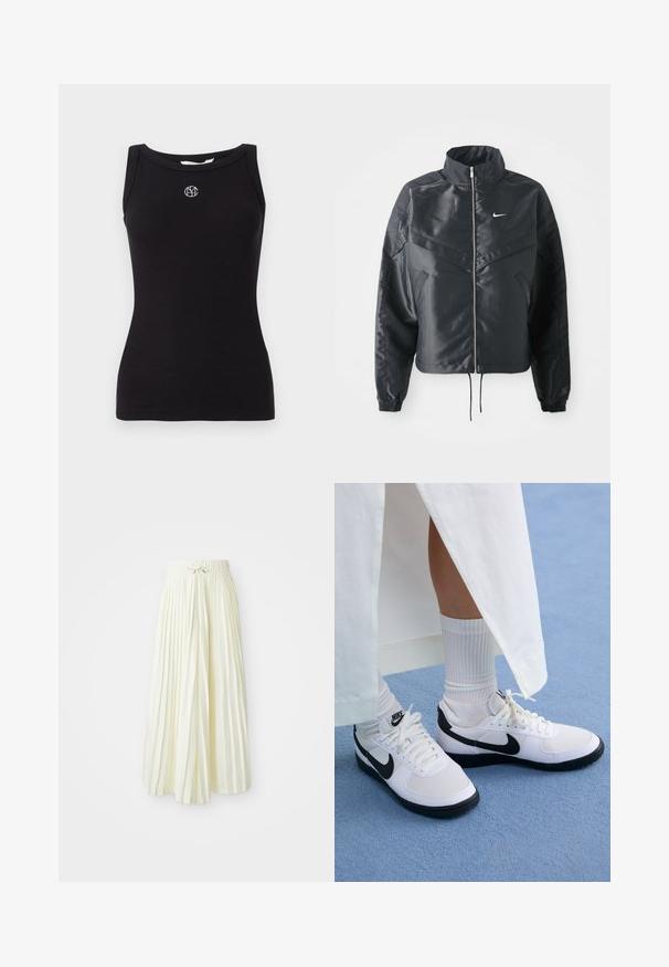 Zwarte cropped jack met hoge kraag, ritsluiting, elastische manchetten en een wit Nike-logo. Glad, glanzend materiaal met een licht gestructureerd oppervlak.; Zwarte geribde tanktop met een ronde halslijn. Voorzien van een geborduurd logo in het wit op de borst en verder zonder extra patronen of texturen.; Gerimpelde midi-jurk in lichtgele stof, voorzien van een elastische tailleband met een strik, een gladde textuur en verticale strepen voor extra details.; Witte Nike sneakers met zwarte accenten, voorzien van een gladleren bovenwerk, witte veters en stevige rubberen zolen, gecombineerd met witte geribbelde sokken.