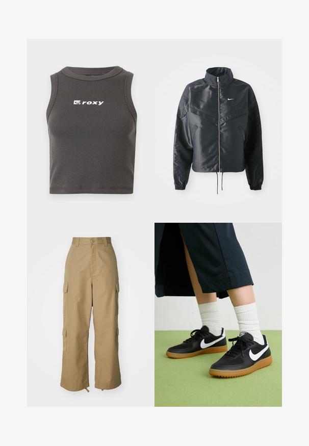 Black cropped jacket with high collar, zip closure, elastane cuffs, and a white Nike logo. Smooth, shiny fabric with a slightly textured surface.; Gray ribbed cropped tank top with a round neckline and sleeveless design. Features white "roxy" logo on the front.; Beige cargo pants with a high waist, wide legs, and four large side pockets. Made of durable fabric with a smooth texture and minimal detail.; Black leather and synthetic sneakers with white Nike swoosh, rubber gum sole, round toe, and black laces. Ribbed white socks visible.