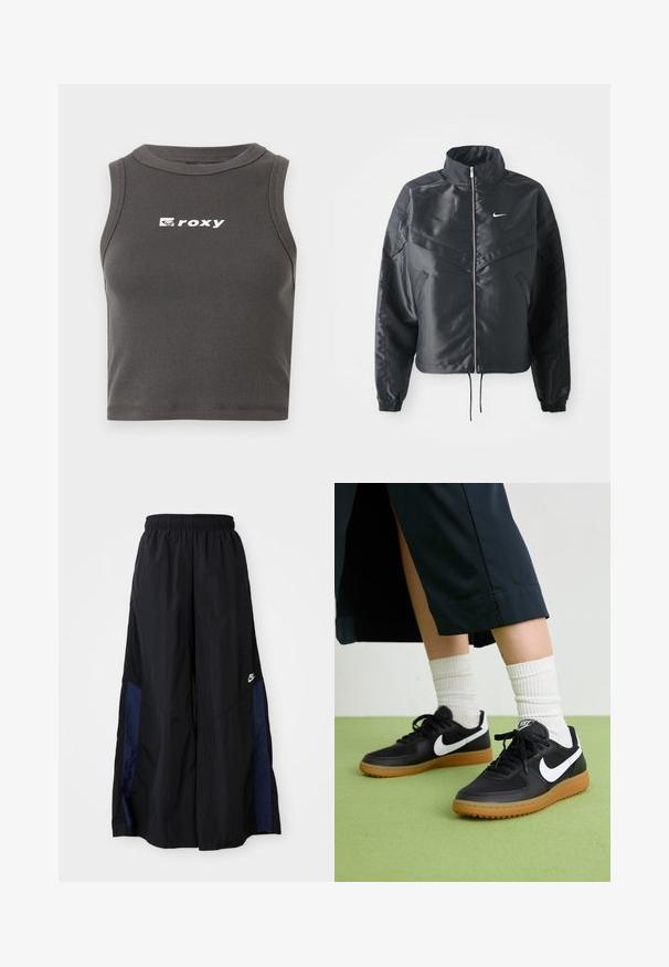 Schwarze, verkürzte Jacke mit hohem Kragen, Reißverschluss, Elastan-Ärmeln und einem weißen Nike-Logo. Glattes, glänzendes Material mit leicht strukturiertem Oberflächeneffekt.; Graues, geripptes, tailliertes Tanktop mit rundem Halsausschnitt und ärmellosem Design. Besitzt das weiße "Roxy"-Logo auf der Vorderseite.; Schwarze weit geschnittene Hose aus leichtem Stoff, mit einem dunkelblauen Seitenpanel und einem elastischen Bund. Kleines weißes Logo am unteren Ende.; Schwarze Leder- und synthetische Sneakers mit weißem Nike-Swoosh, Gummisohle, runder Spitze und schwarzen Schnürsenkeln. Gestreifte weiße Socken sind sichtbar.
