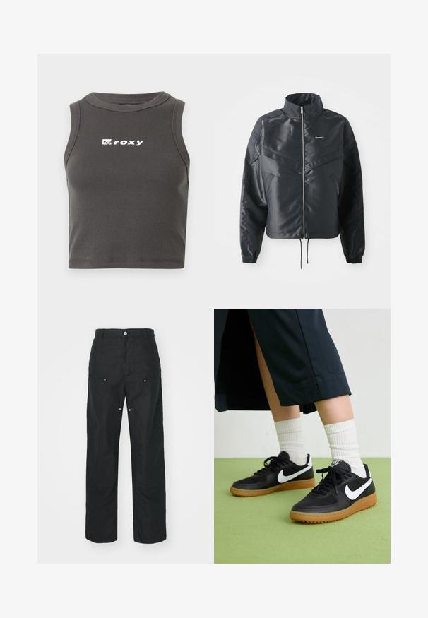Sort cropped jakke med høj krave, lynlås lukning, elastiske manchetter og et hvidt Nike-logo. Glat, blankt stof med en let struktureret overflade.; Grå ribbet cropped tanktop med rund halsudskæring og ærmeløst design. Viser det hvide "roxy" logo på forsiden.; Sorte bukser med lige ben-design, lavet af et tekstureret stof. Har dekorativt sølvhardware og unikke sømdetaljer.; Sorte læder- og syntetiske sneakers med hvid Nike swoosh, gummisål, rund tå og sorte snørebånd. Ribbede hvide sokker synlige.