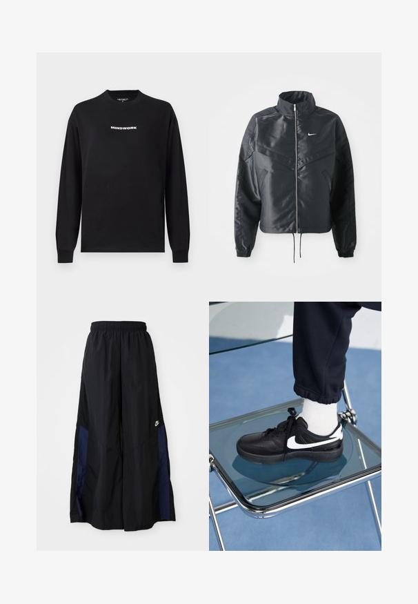 Zwarte cropped jack met hoge kraag, ritsluiting, elastische manchetten en een wit Nike-logo. Glad, glanzend materiaal met een licht gestructureerd oppervlak.; Zwarte langemouwen t-shirt van katoen met de tekst "MINDWORK" in het wit, gecentreerd op de borst. Ronde halslijn en geribbelde manchetten.; Zwarte wijdlopende broek van lichtgewicht stof, met een marineblauwe zijpaneel en een elastische tailleband. Klein wit logo onderaan.; Zwarte Nike sneakers met witte accenten, met een gladde leren textuur, vetersluiting en ronde neus, geplaatst op een glazen stoel.