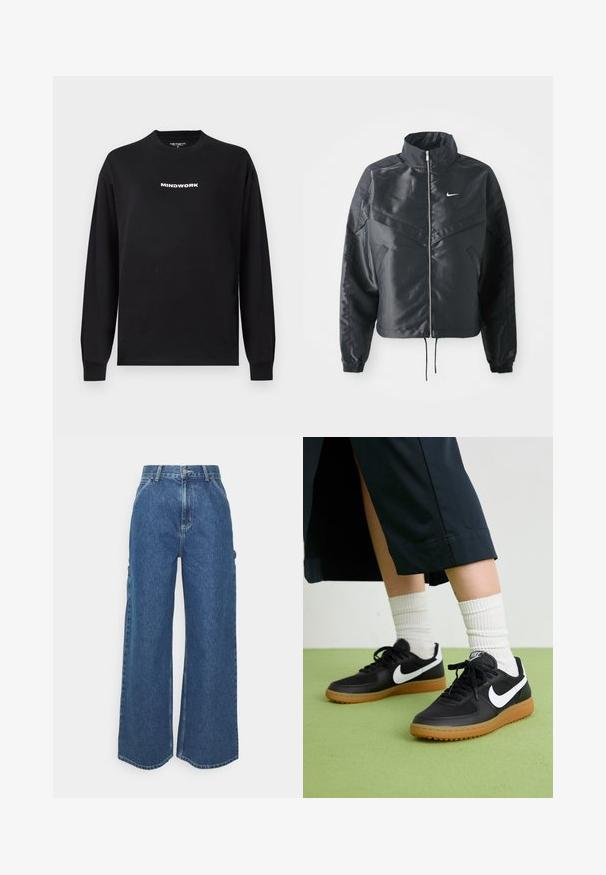 Zwarte cropped jack met hoge kraag, ritsluiting, elastische manchetten en een wit Nike-logo. Glad, glanzend materiaal met een licht gestructureerd oppervlak.; Zwarte langemouwen t-shirt van katoen met de tekst "MINDWORK" in het wit, gecentreerd op de borst. Ronde halslijn en geribbelde manchetten.; Brede blauwe denim broeken met een hoge taille, contrasterende stiksels en zijzakken, uitgerust met een klassieke vijf-pocket stijl en ongewerkte naden.; Zwarte leren en synthetische sneakers met witte Nike swoosh, rubberen gumzool, ronde neus en zwarte veters. Geribbelde witte sokken zichtbaar.