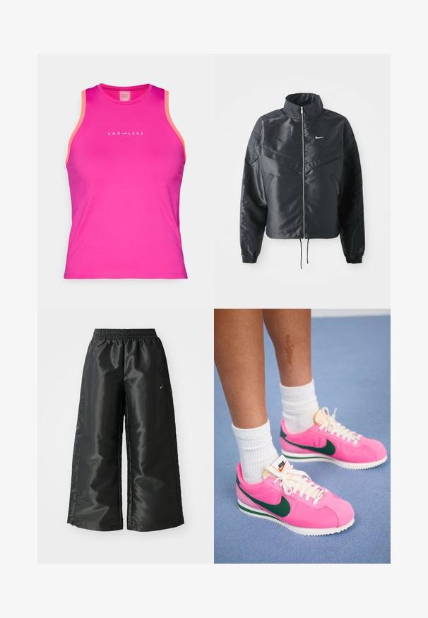 Čierna skrátená bunda s vysokým golierom, zipsovým uzatváraním, elastickými manžetami a bielym logom Nike. Hladká, lesklá tkanina s mierne textúrovaným povrchom.; Endless ESSENTIAL - Top - deep fucsia; Čierne športové nohavice s lesklým, hladkým materiálom, ktoré majú elastický pás, široké nohavice a malé logo na ľavej strane.; Ružové tenisky Nike s módnymi zelenými doplnkami, vyrobené z hladkého materiálu, s bielymi šnúrkami a textúrovanou podrážkou. Biele ponožky sú viditeľné nad členkom.