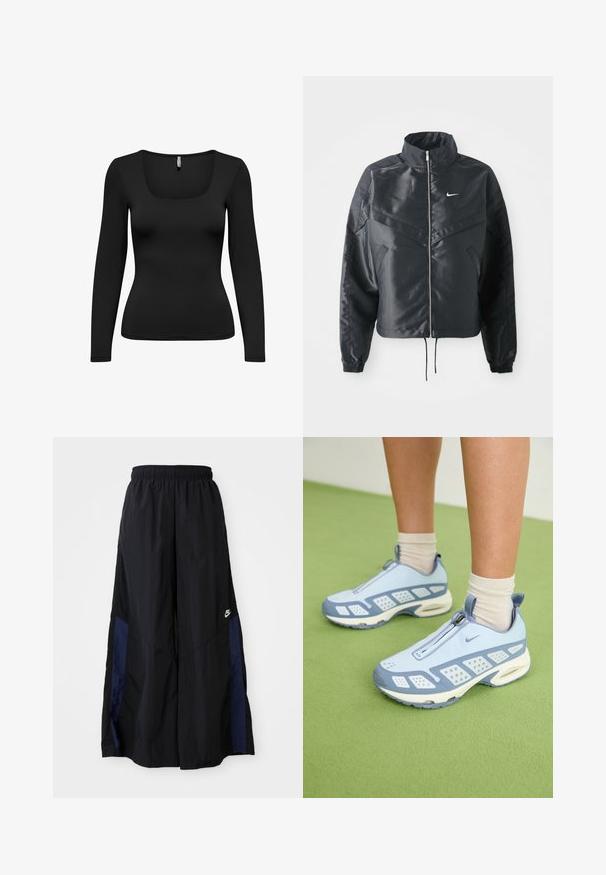Giacca nera cropped con colletto alto, chiusura a zip, polsini in elastan e logo Nike bianco. Tessuto liscio e lucido con una superficie leggermente texturizzata.; Top lungo nero con scollo quadrato. Realizzato in un tessuto morbido e elasticizzato. Design aderente che si stringe in vita. Spalle senza cuciture.; Pantaloni neri a gamba larga realizzati in tessuto leggero, con un pannello laterale blu navy e una cintura elastica. Piccolo logo bianco sul fondo.; Scarpe da ginnastica azzurro chiaro con dettagli bianchi, pannelli testurizzati e chiusura con zip. Presentano una suola con imbottitura ad aria visibile e una suola in gomma.