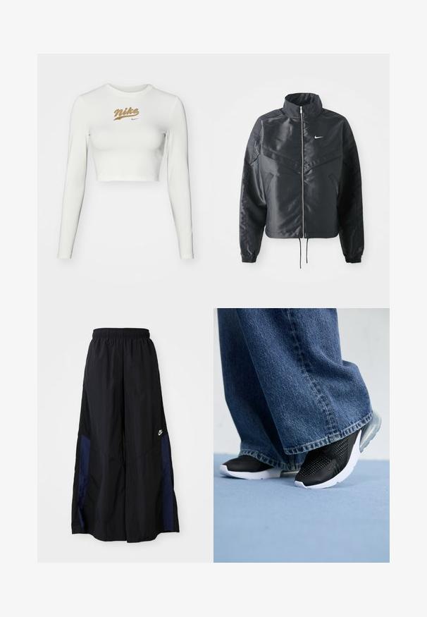 Crna kratka jakna s visokim ovratnikom, zatvaranjem na patentni zatvarač, elastinim rukavima i bijelim Nike logom. Glatka, sjajna tkanina s lagano teksturiranom površinom.; Bijela dugokretašna crop majica izrađena od glatkog materijala, sa zlatnim Nike logotipom otisnutim na prsima i klasičnim okruglim izrezom.; Crne hlače širokih nogavica izrađene od lagane tkanine, sa tamnoplavim bočnim panelom i elastičnom stražnjom trakom. Mali bijeli logo je na dnu.; Crne atletske tenisice s mrežastim detaljima, bijelom potplatom i vidljivim zračnim jastučićima, uparene s plavim trapericama širokih nogavica.