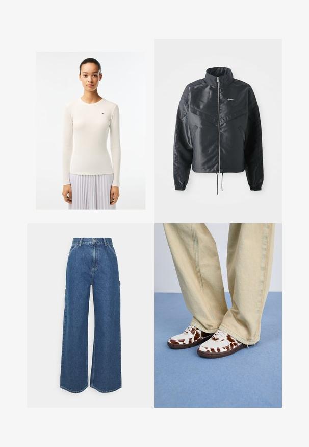 Black cropped jacket with high collar, zip closure, elastane cuffs, and a white Nike logo. Smooth, shiny fabric with a slightly textured surface.; White long-sleeve top with a ribbed texture and round neckline, featuring a small green logo on the left side. Smooth fabric finish.; Wide-leg blue denim trousers with a high waist, contrasting stitching, and side pockets, featuring a classic five-pocket design and raw hems.; White and brown patterned sneakers with mesh and leather, featuring brown rubber soles. Paired with light beige wide-leg pants.