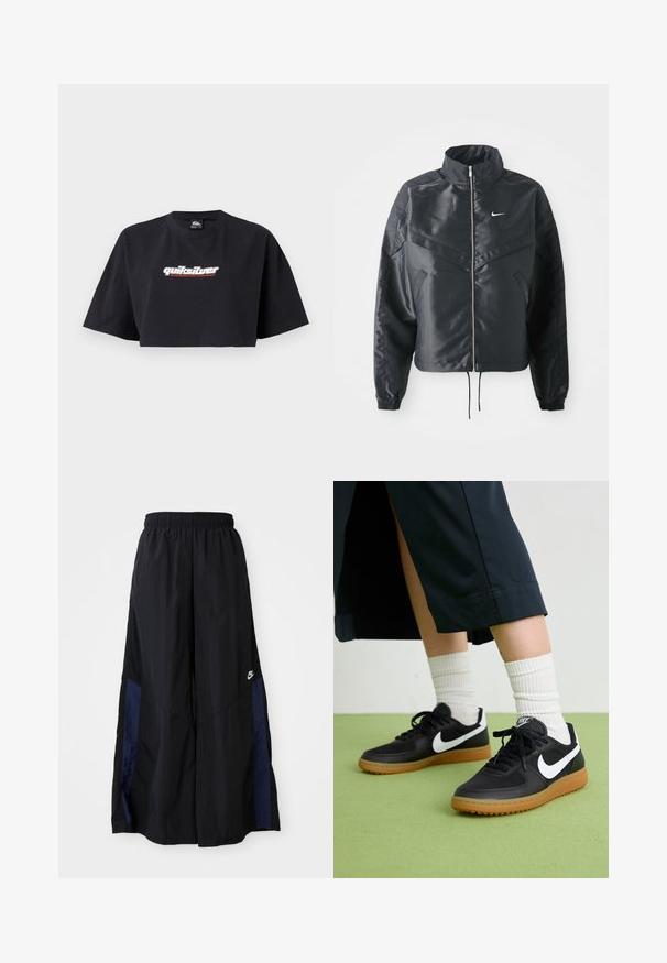 Svart cropped jakke med høy krage, glidelåsåpning, elastiske mansjetter og en hvit Nike-logo. Glatt, shiny stoff med en lett teksturert overflate.; Svart avkortet t-skjorte med korte ermer, laget av bomull. Fronten viser "Quiksilver Boarding Company"-logoen i hvitt og rødt.; Svarte vide bukser laget av lett stoff, med et marineblått sidestykke og elastisk midjebånd. Liten hvit logo nederst.; Sorte lær- og syntetiske joggesko med hvit Nike swoosh, gummisåle, rund tå og sorte lisser. Ribbet hvite sokker synlige.