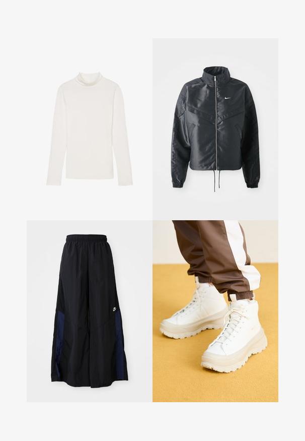 Crna kratka jakna s visokim ovratnikom, zatvaranjem na patentni zatvarač, elastinim rukavima i bijelim Nike logom. Glatka, sjajna tkanina s lagano teksturiranom površinom.; Dug izrezani gornji deo s dugim rukavima u beloj boji. Napravljen od mekog, glatkog materijala sa prilagođenim siluetom i visokim okovratnikom. Nema vidljivih uzoraka ili akcenata.; Crne hlače širokih nogavica izrađene od lagane tkanine, sa tamnoplavim bočnim panelom i elastičnom stražnjom trakom. Mali bijeli logo je na dnu.; Bijele visoke tenisice s debelim, teksturiranim potplatom, koje imaju glatki gornji dio, okrugli vrh i tonirane vezice, postavljene na žutu pozadinu.