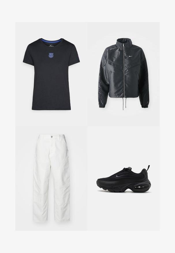 Casaco preto curto com colarinho alto, fecho de zip, punhos em elastano e um logótipo Nike branco. Tecido suave e brilhante com uma superfície ligeiramente texturizada.; T-shirt de algodão preto com mangas curtas, apresentando um emblema de clube azul no peito e um detalhe azul na gola.; Calças cargo brancas feitas de denim, com um corte descontraído, bolsos laterais e detalhes de costura visíveis. Frente simples com fecho de botão.; Sapatilha atlética preta com um upper liso e texturizado. Apresenta um bico redondo, colarinho almofadado e amortecimento de ar visível na sola.