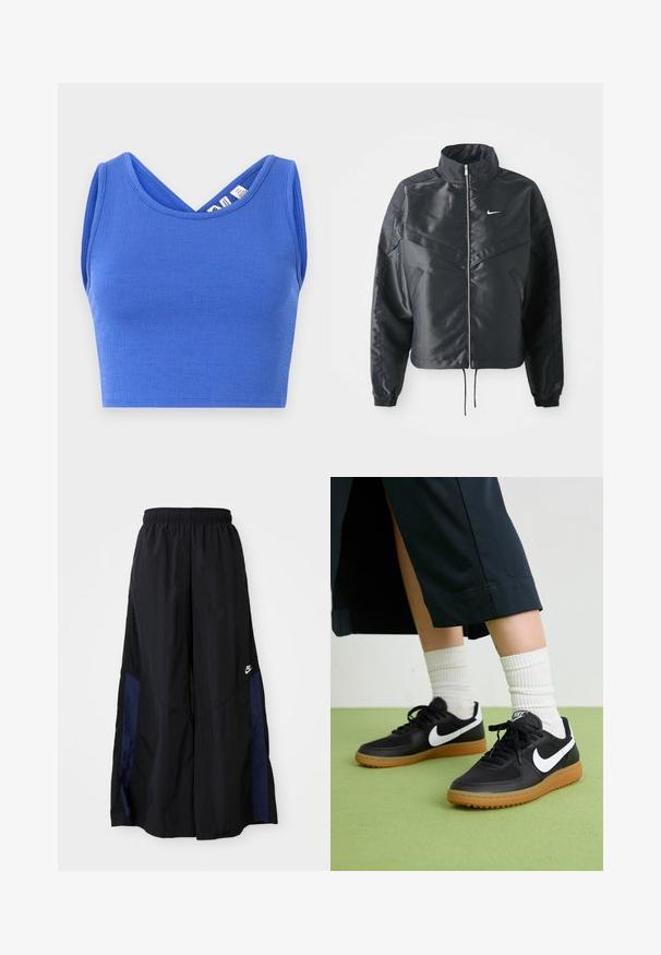 Casaco preto curto com colarinho alto, fecho de zip, punhos em elastano e um logótipo Nike branco. Tecido suave e brilhante com uma superfície ligeiramente texturizada.; Top cropped azul feito de material texturizado. Apresenta um design com decote em V e corte sem mangas, com uma silhueta ajustada.; Calças largas pretas feitas de tecido leve, com um painel lateral azul-marinho e cintura elástica. Pequeno logótipo branco na parte inferior.; Sapatilhas pretas em couro e sintético com o logo da Nike em branco, sola de borracha tipo goma, bico redondo e atacadores pretos. Meias brancas com frunces visíveis.