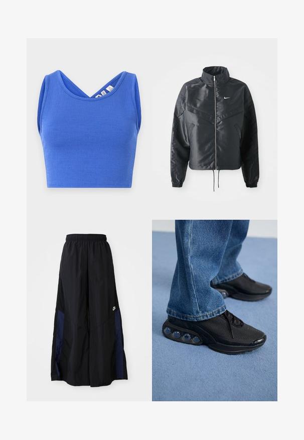 Zwarte cropped jack met hoge kraag, ritsluiting, elastische manchetten en een wit Nike-logo. Glad, glanzend materiaal met een licht gestructureerd oppervlak.; Blauwe cropped tanktop gemaakt van textuur materiaal. Heeft een V-hals ontwerp en een mouwloze snit met een getailleerde pasvorm.; Zwarte wijdlopende broek van lichtgewicht stof, met een marineblauwe zijpaneel en een elastische tailleband. Klein wit logo onderaan.; Zwarte sportieve sneakers met een bovenwerk van mesh, gestructureerde accenten en zichtbare luchtkussentjes in de zool. Gedragen met blauwe denim jeans.