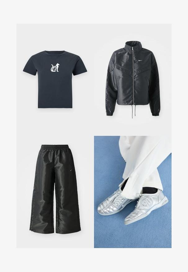 Μαύρο cropped μπουφάν με ψηλό γιακά, κλείσιμο με φερμουάρ, μανσέτες από ελαστάνη και λευκό λογότυπο Nike. Λείο, γυαλιστερό ύφασμα με ελαφρώς υφή.; Σκούρο γκρι κοντομάνικο t-shirt με μια μικρή λευκή γάτα και τη λέξη "OLEY" ενσωματωμένη στο σώμα της γάτας στο στήθος.; Μαύρο αθλητικό παντελόνι με γυαλιστερό, λείο ύφασμα, διαθέτει ελαστική μέση, φαρδιά πόδια και ένα μικρό λογότυπο στην αριστερή πλευρά.; Ασημένια αθλητικά παπούτσια με λεία, γυαλιστερή επιφάνεια, με ραμμένο σχέδιο και τον αριθμό 90 στο πλάι, συνδυασμένα με λευκό παντελόνι.