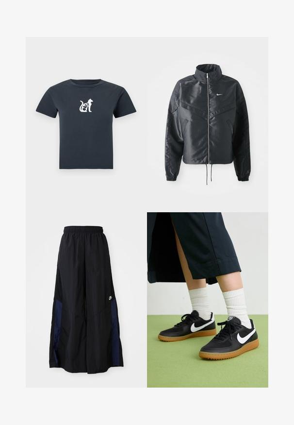 Jachetă croppată neagră cu guler înalt, închidere cu fermoar, manșete din elastan și un logo alb Nike. Material neted, lucios, cu o suprafață ușor texturată.; Tricou scurt, de culoare gri închis, cu un grafic mic al unei pisici albe și cuvântul "OLEY" integrat în corpul pisicii pe piept.; Pantaloni negri cu croi larg, confecționați dintr-un material ușor, având un panou lateral albastru marin și un brâu elastic. Logo mic alb în partea de jos.; Sneakers negre din piele și material sintetic cu logo-ul alb Nike, talpă din cauciuc, vârful rotund și șireturi negre. Șosete albe cu nervuri vizibile.