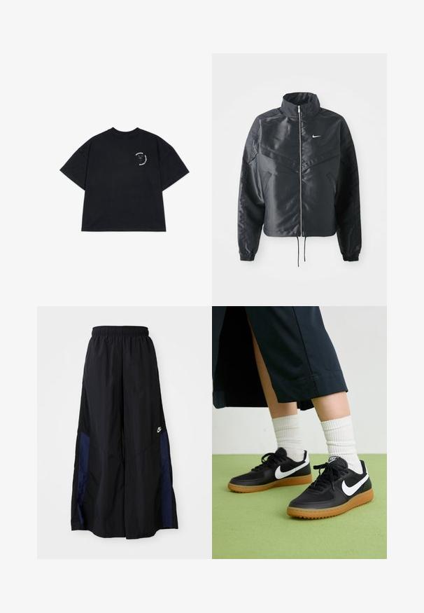 Czarna krótka kurtka z wysokim kołnierzem, zamek błyskawiczny, ściągacze z elastanu i białe logo Nike. Gładki, błyszczący materiał o lekko teksturowanej powierzchni.; Czarny, bawełniany, luźny t-shirt z krótkim rękawem. Z przodu, po lewej stronie, znajduje się mały nadruk graficzny w kolorach białym i niebieskim.; Czarne spodnie szerokie wykonane z lekkiego materiału, z granatowym bocznym panelem i elastycznym paskiem w talii. Małe białe logo na dole.; Czarne skórzane i syntetyczne sneakersy z białym logo Nike, gumową podeszwą, okrągłym noskiem i czarnymi sznurowadłami. Widziane są ribbowane białe skarpetki.
