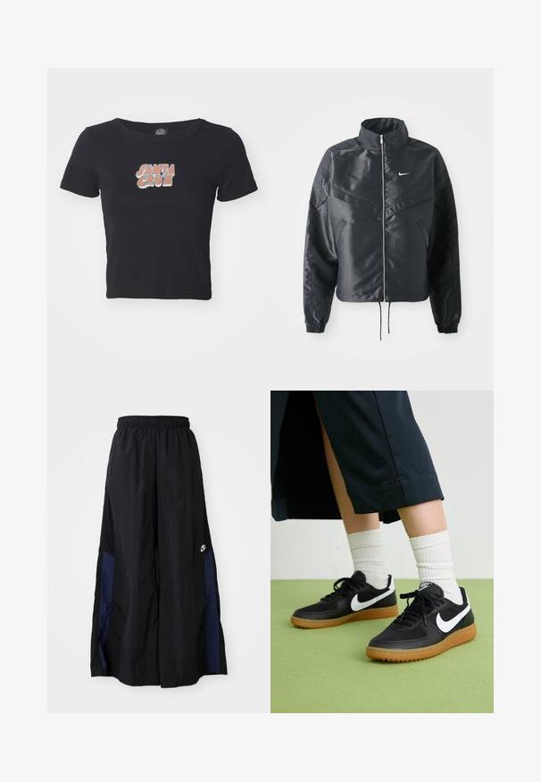 Casaco preto curto com colarinho alto, fecho de zip, punhos em elastano e um logótipo Nike branco. Tecido suave e brilhante com uma superfície ligeiramente texturizada.; T-shirt cropped preto em algodão, com um gráfico colorido "SANTA CRUZ" na parte da frente. Manga curta e decote redondo.; Calças largas pretas feitas de tecido leve, com um painel lateral azul-marinho e cintura elástica. Pequeno logótipo branco na parte inferior.; Sapatilhas pretas em couro e sintético com o logo da Nike em branco, sola de borracha tipo goma, bico redondo e atacadores pretos. Meias brancas com frunces visíveis.