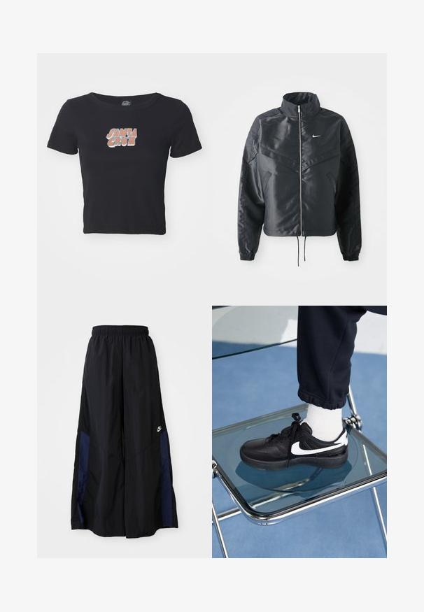 Svart kort jacka med hög krage, dragkedja, ärmslut i elastan och en vit Nike-logotyp. Slät, glänsande tyg med en något strukturerad yta.; Svart kortärmad t-shirt i bomull med en färgglad "SANTA CRUZ" grafisk design på framsidan. Korta ärmar och rund halsringning.; Svarta vida byxor gjorda av lättviktig tyg, med en marinblå sid panel och ett elastiskt midjeband. Litet vitt logotyp nertill.; Svarta Nike-sneakers med vita detaljer, med en slät läderstruktur, snörningsdesign och rund tå, placerade på en glasstol.