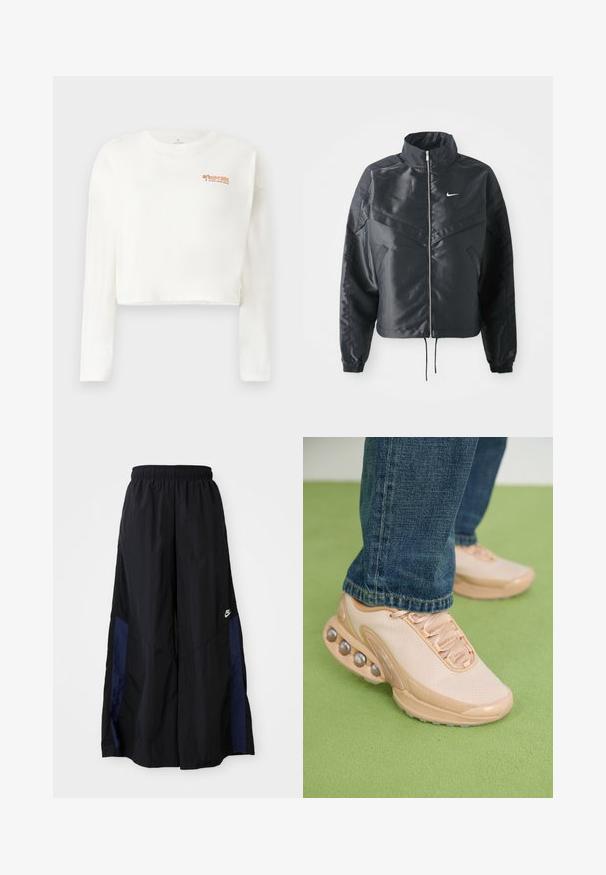 Black cropped jacket with high collar, zip closure, elastane cuffs, and a white Nike logo. Smooth, shiny fabric with a slightly textured surface.; White long-sleeve cropped t-shirt made of soft fabric, featuring an orange logo on the left chest and a relaxed fit with straight hem.; Black wide-leg pants made of lightweight fabric, featuring a navy blue side panel and an elastic waistband. Small white logo on bottom.; Light beige athletic shoes feature a mesh upper, rubber sole, and rounded accents with metallic details. Worn with blue jeans on a green surface.
