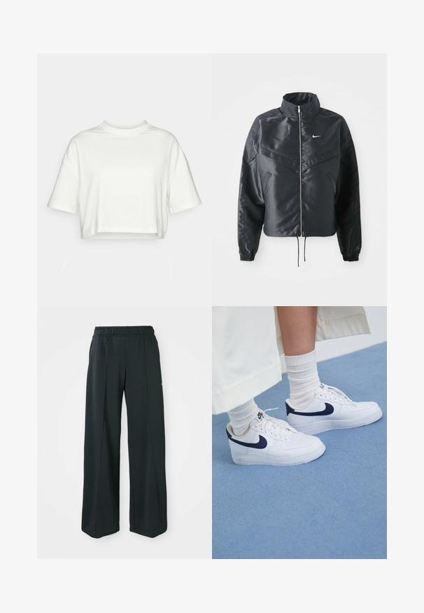 Fekete, rövidített dzseki magas gallérral, cipzáras záródással, elasztikus mandzsettákkal, és fehér Nike logóval. Simább, fényes anyag, enyhén textúrázott felülettel.; Rövid ujjú, fehér pamut póló, ami derékszögben van levágva. Kerek nyakkivágással és kényelmes, elnyújtott aljjal rendelkezik. Puha tapintású, minta nélküli.; Fekete, bővülő szárú sportnadrág rugalmas derékkal. Simaság és rugalmasság jellemzi, finom elülső varrásokkal és zsebek nélkül.; Fehér Nike Air Force 1 sportcipő tengerészkék részletekkel, perforált orral, lapos fűzővel és gumitalppal, fehér bordázott zoknival párosítva.