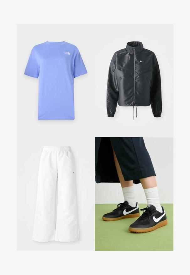 Black cropped jacket with high collar, zip closure, elastane cuffs, and a white Nike logo. Smooth, shiny fabric with a slightly textured surface.; Light blue short-sleeve t-shirt made of cotton, featuring a round neck and a small white logo on the upper left chest area.; White athletic pants with a wide-leg design, elastic waistband, and a small black Nike logo on the left side. Smooth, lightweight material.; Black leather and synthetic sneakers with white Nike swoosh, rubber gum sole, round toe, and black laces. Ribbed white socks visible.