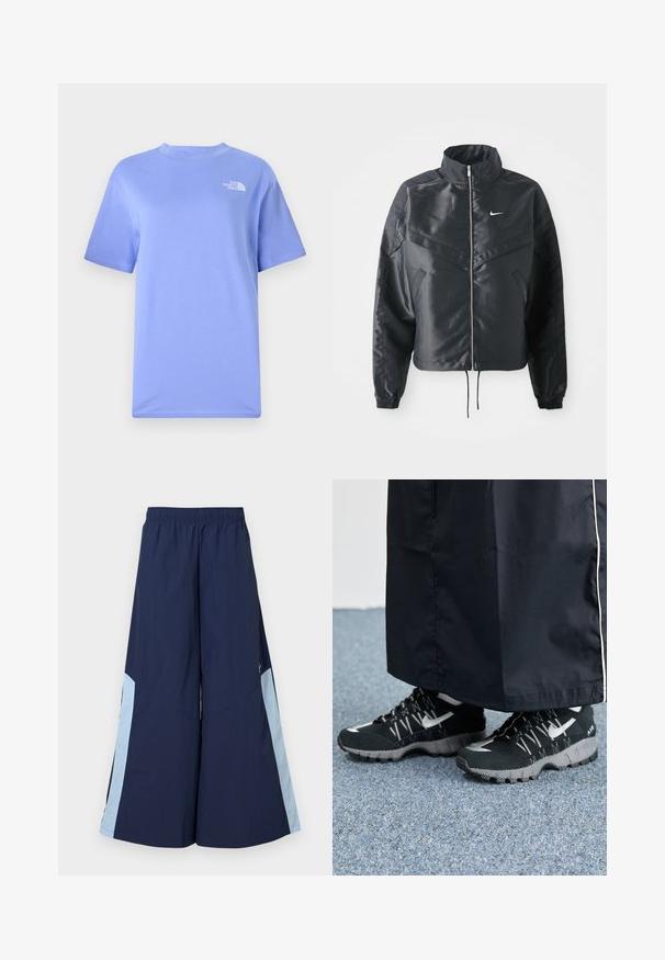 Schwarze, verkürzte Jacke mit hohem Kragen, Reißverschluss, Elastan-Ärmeln und einem weißen Nike-Logo. Glattes, glänzendes Material mit leicht strukturiertem Oberflächeneffekt.; Himmelblaues T-Shirt mit kurzen Ärmeln, aus Baumwolle, mit Rundhalsausschnitt und einem kleinen weißen Logo im oberen linken Brustbereich.; Marinefarbene weite Hosen mit einem elastischen Bund, die hellblaue Seitenpaneele und eine glatte Textur aufweisen. Designed für Komfort und Bewegungsfreiheit.; Schwarze Sportschuhe mit einer strukturierten Oberseite, silbernen Akzenten und einer gemusterten Außensohle, kombiniert mit einem schwarzen langen Kleidungsstück. Auf einem blauen Teppich drapiert.