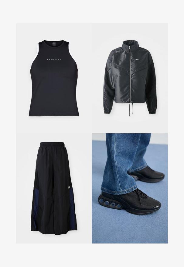 Must kolledžiga must lühike jope, millel on lukuga sulgus, elastne mansett ja valge Nike logo. Sile, läikiv kangas, millel on veidi tekstureeritud pind.; Endless ESSENTIAL - Topp - black; Mustad laiad mustad püksid kergest kangast, millel on tumesinine külgpaneel ja elastne vöökoht. Väike valge logo allservas.; Mustad mustandid jooksujalatsid, millel on võrkmaterjalist ülemine osa, tekstuuriga detailid ja nähtavad õhkpadjad tallas. Kandmine siniste teksadega.