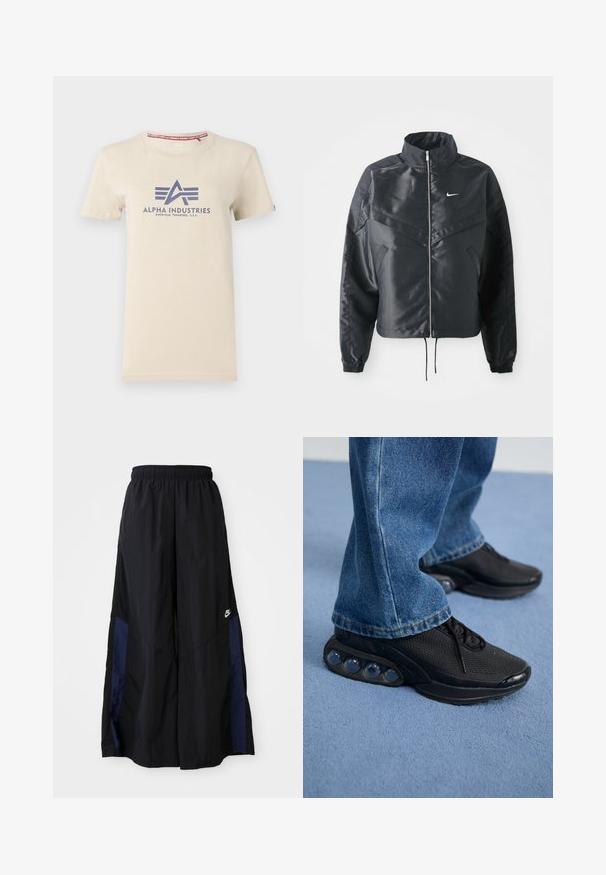 Must kolledžiga must lühike jope, millel on lukuga sulgus, elastne mansett ja valge Nike logo. Sile, läikiv kangas, millel on veidi tekstureeritud pind.; Bež puuvillane T-särk lühikeste varrukatega, millel on tumesinise trükiga "Alpha Industries" logo ja punane silt krae peal.; Mustad laiad mustad püksid kergest kangast, millel on tumesinine külgpaneel ja elastne vöökoht. Väike valge logo allservas.; Mustad mustandid jooksujalatsid, millel on võrkmaterjalist ülemine osa, tekstuuriga detailid ja nähtavad õhkpadjad tallas. Kandmine siniste teksadega.
