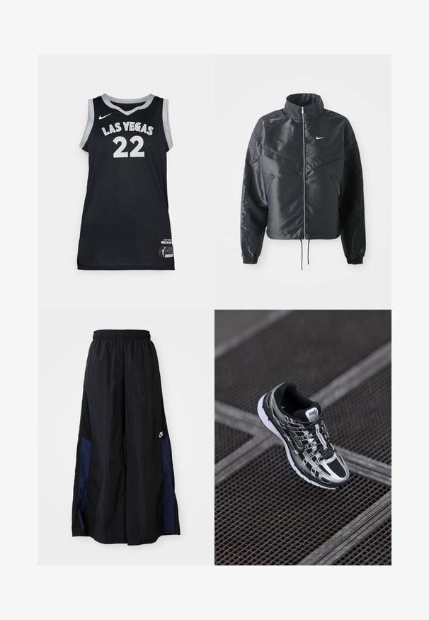Svart cropped jakke med høy krage, glidelåsåpning, elastiske mansjetter og en hvit Nike-logo. Glatt, shiny stoff med en lett teksturert overflate.; Svart basketballtrøye med "LAS VEGAS" og tallet "22" i hvitt. Laget av mesh-stoff, har grå kanting og merkelapp på kanten.; Svarte vide bukser laget av lett stoff, med et marineblått sidestykke og elastisk midjebånd. Liten hvit logo nederst.; Nike løpesko med svart og sølv fargepalett, mesh-overdel, teksturert såle og snøring for en sikker passform.