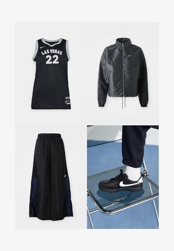 Giacca nera cropped con colletto alto, chiusura a zip, polsini in elastan e logo Nike bianco. Tessuto liscio e lucido con una superficie leggermente texturizzata.; Maglia da basket nera con "LAS VEGAS" e il numero "22" in bianco. Realizzata in tessuto a rete, presenta rifiniture grigie e un'etichetta sull'orlo.; Pantaloni neri a gamba larga realizzati in tessuto leggero, con un pannello laterale blu navy e una cintura elastica. Piccolo logo bianco sul fondo.; Sneakers Nike neri con accenti bianchi, caratterizzati da una superficie in pelle liscia, design con lacci e punta rotonda, posizionati su una sedia di vetro.