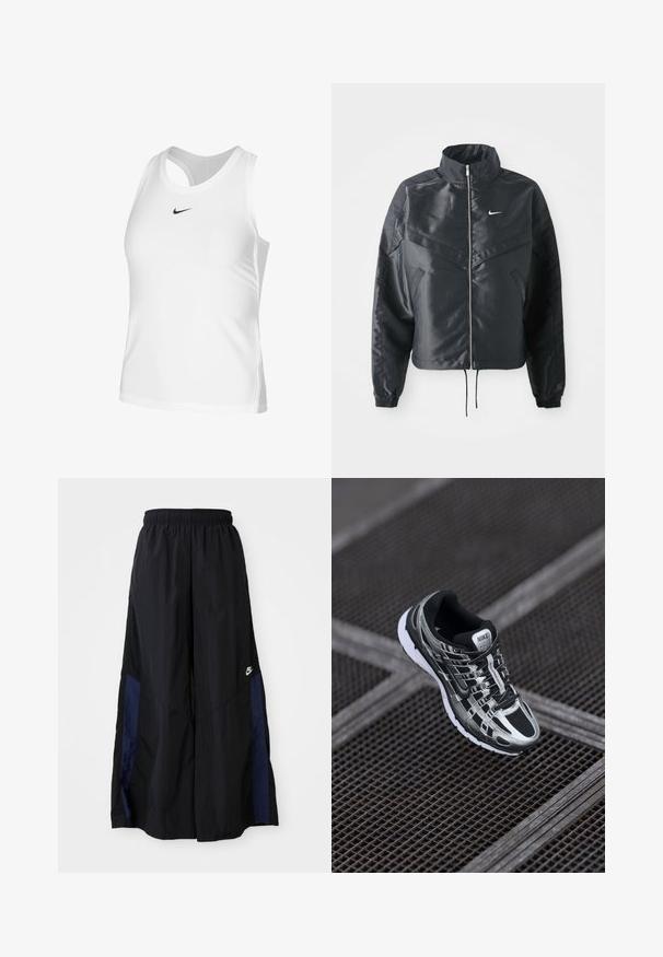 Must kolledžiga must lühike jope, millel on lukuga sulgus, elastne mansett ja valge Nike logo. Sile, läikiv kangas, millel on veidi tekstureeritud pind.; Valge sportlik tank top, mis on valmistatud siledast kangast, ümmarguse kaelaaugu, avatud tagaosa ja väikese musta Nike logo küljel.; Mustad laiad mustad püksid kergest kangast, millel on tumesinine külgpaneel ja elastne vöökoht. Väike valge logo allservas.; Nike jooksutossud musta ja hõbedase värvigammaga, võrkmaterjalist pealts, tekstuuriga tallad ja kindla istumise tagav paeltesüsteem.
