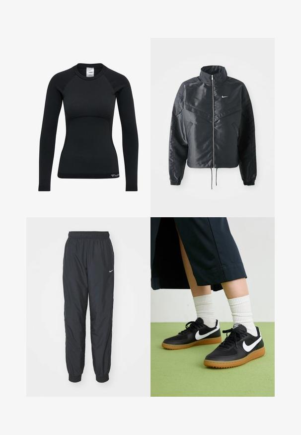 Czarna krótka kurtka z wysokim kołnierzem, zamek błyskawiczny, ściągacze z elastanu i białe logo Nike. Gładki, błyszczący materiał o lekko teksturowanej powierzchni.; Czarny długi rękaw bluzka o dopasowanym kroju, wykonana z textured materiału. Posiada raglanowe rękawy i subtelne logo wzdłuż dolnego brzegu.; Czarne spodnie dresowe Nike wykonane z lekkiego materiału, z elastycznym paskiem w talii i mankietami, z małym białym logo na lewym nogawce.; Czarne skórzane i syntetyczne sneakersy z białym logo Nike, gumową podeszwą, okrągłym noskiem i czarnymi sznurowadłami. Widziane są ribbowane białe skarpetki.